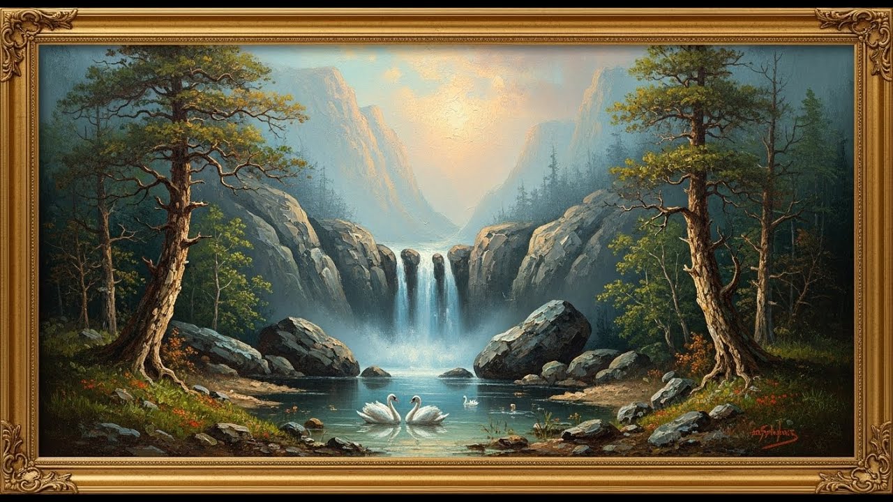 Frame TV Art with Music: Mountain Waterfall & Swans Oil Painting | Samsung Frame TV | Nature Decor