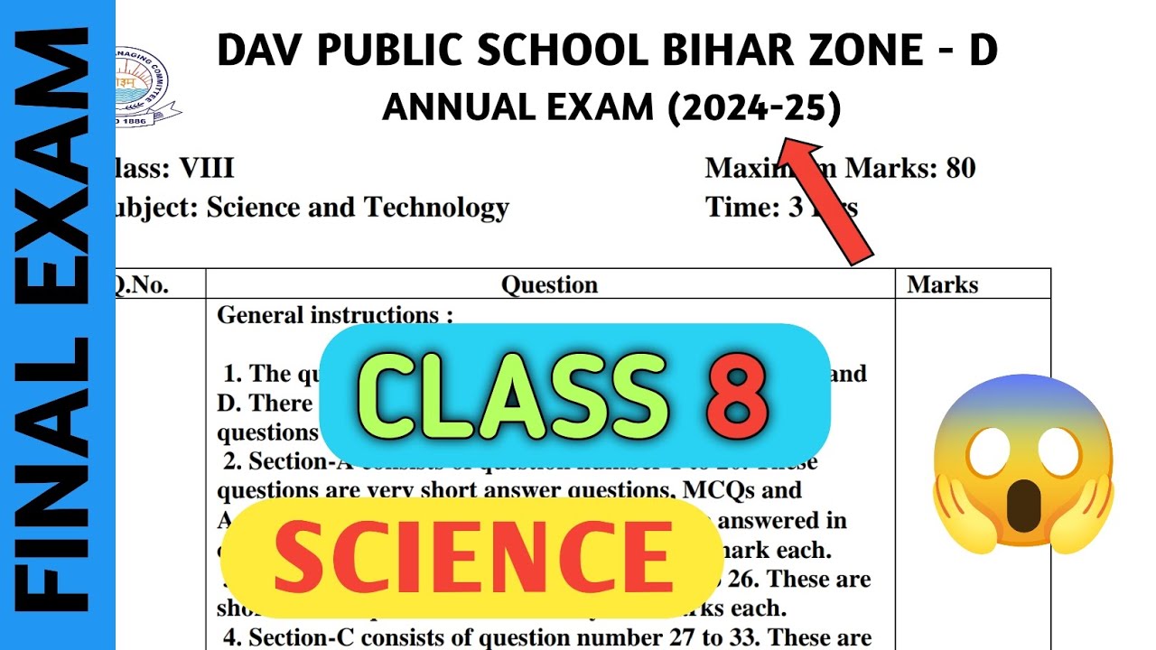 Dav class 8 question paper of science of annual/final exam 2025 | Dav paper Zone | 2024-25 |