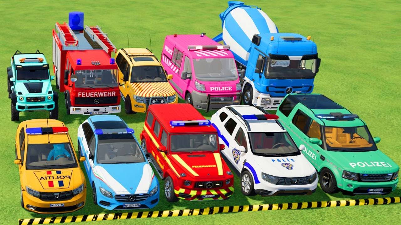 TRANSPORTING POLICE CARS, AMBULANCE, FIRE TRUCK, COLORFUL CARS WITH TRUCK -FARMING SIMULATOR 22!