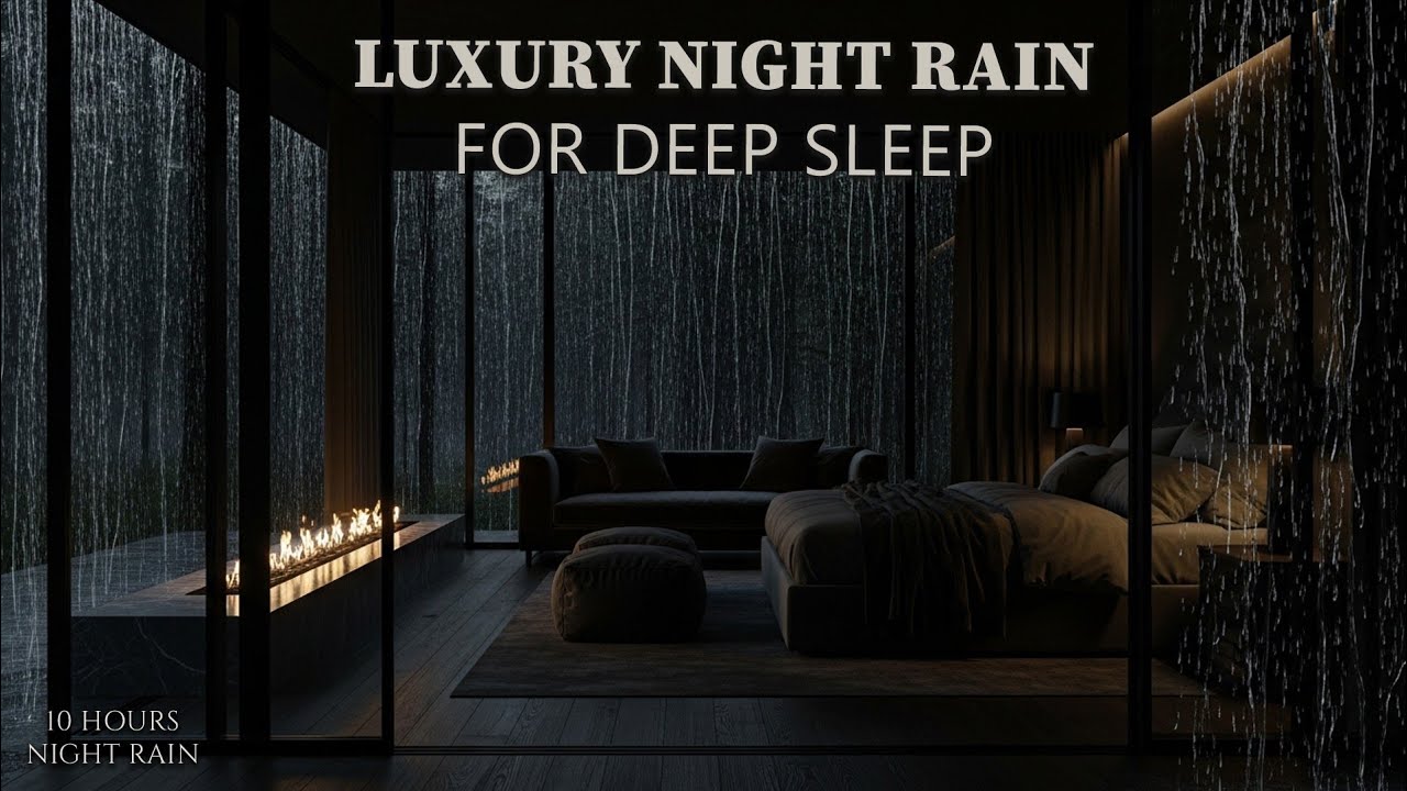 Continuous Night Rain with Crackling Fireplace | 10 Hours Luxury Bedroom Sleep Ambience