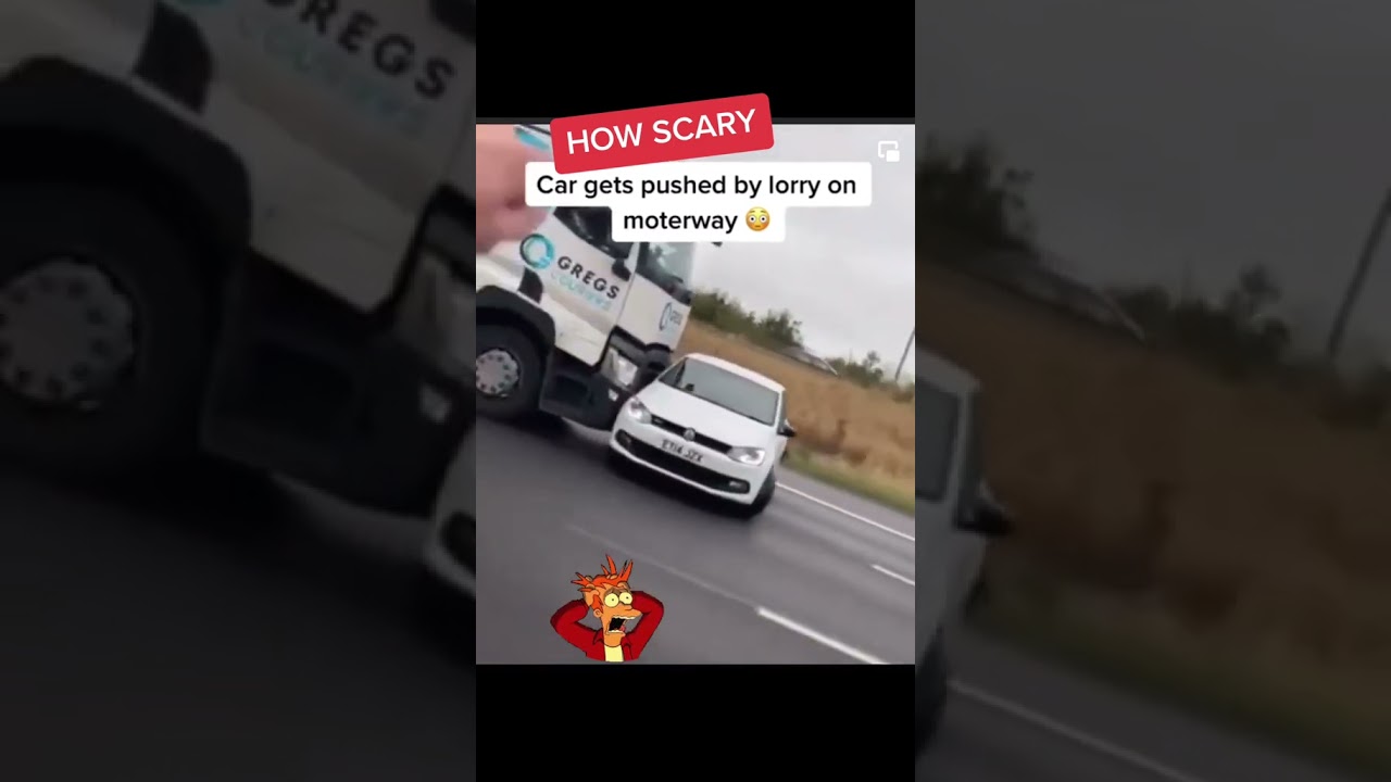 car gets pushed by lorry down motorway 😲💥 #shorts #idiotswithlicences