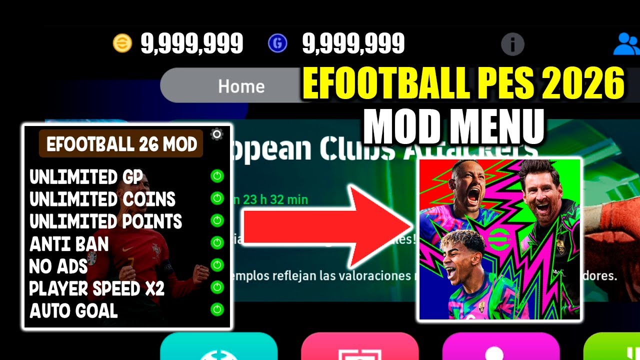 Menú Mod de Efootball PES V10.1.1: Nueva actualización, monedas y GP ilimitados desbloqueados