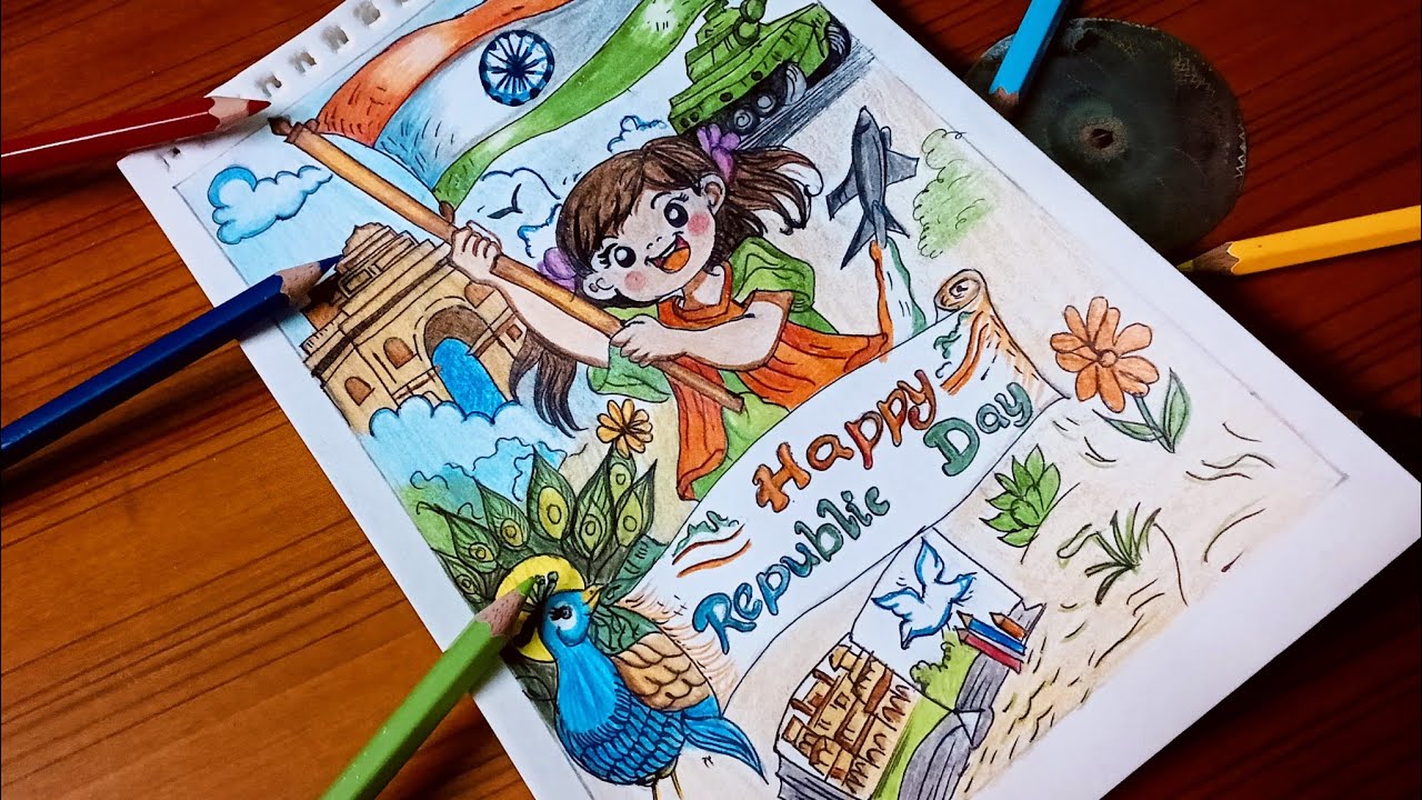  How to Draw Republic Day Special Drawing with ColourPencil | Indian Flag, India Gate& Kids Drawing 