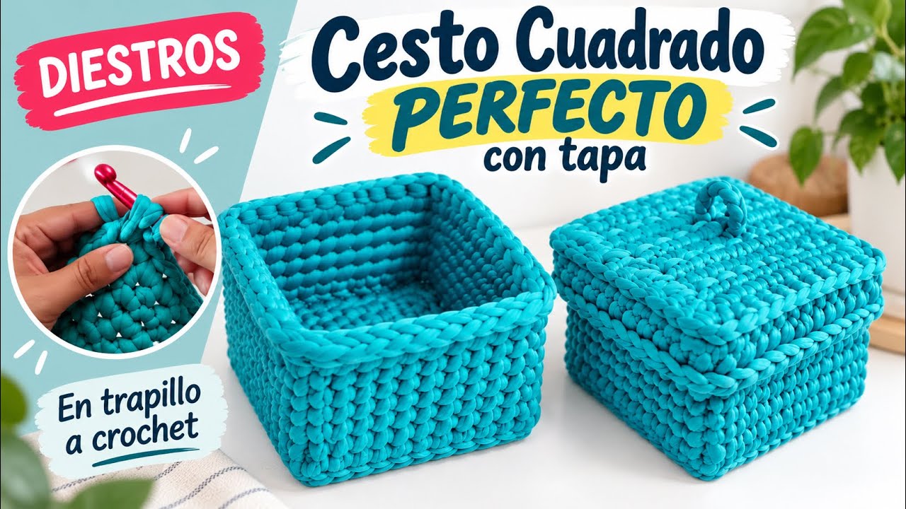 🤯CESTA CUADRADA perfecta en TRAPILLO *paso a paso* crochet ideal para principiantes. Versión diestra