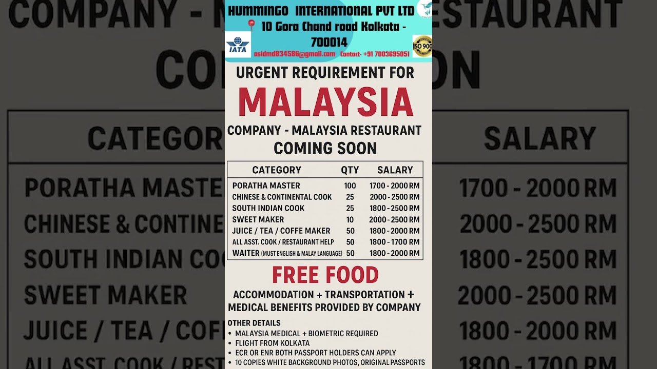 New jobs in Malaysia for Indians | Hotel jobs | Salary 50000 | #abroadjobs #shorts #job  #asiajobs