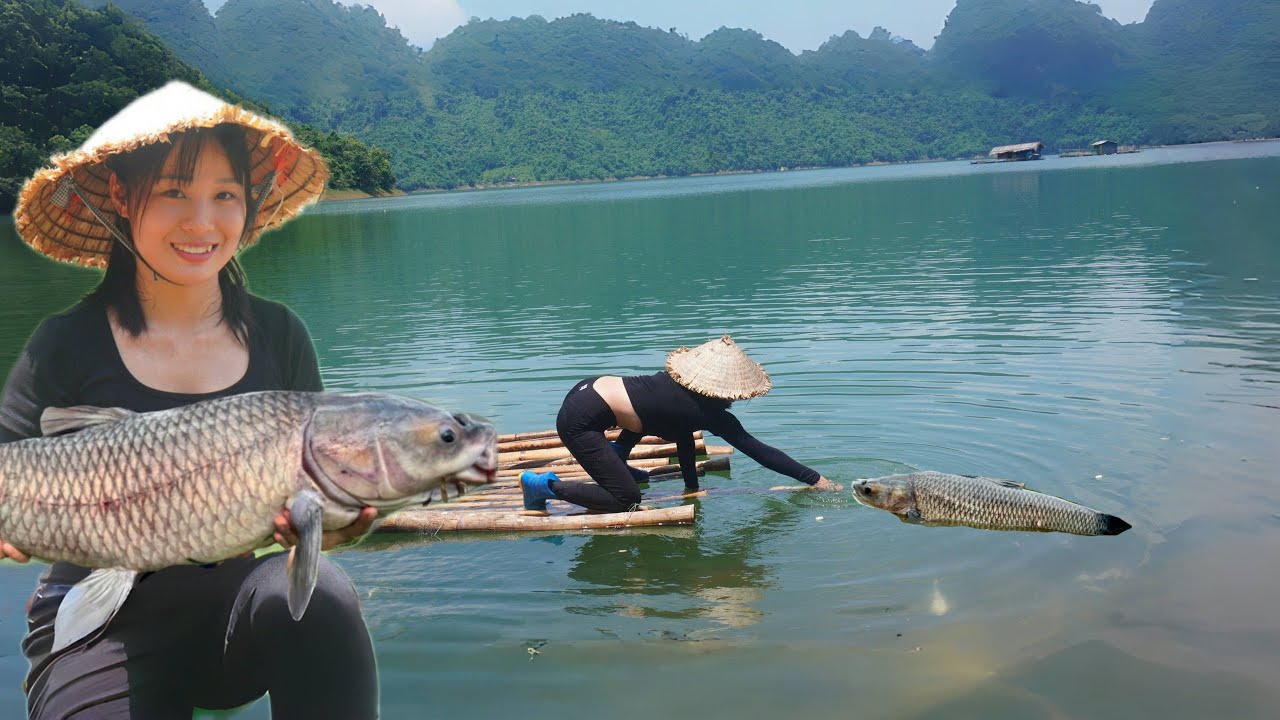 Catching fish on a big lake. How the girl spreads a net to catch fish