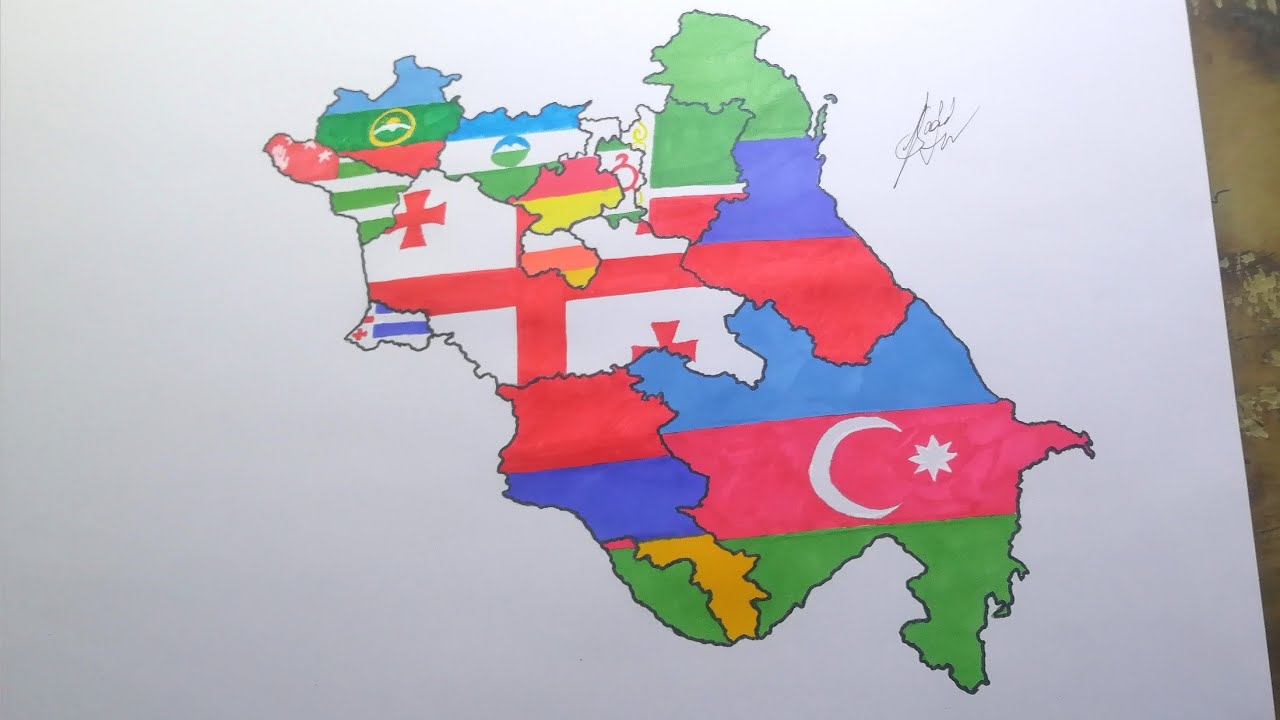 Drawing Caucasus region flag map | Caucasian countries and subdivisions flag map drawing