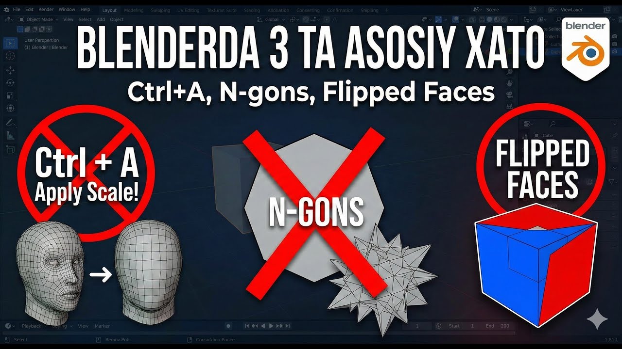 Blender dasturida 3D model yaratishda eng ko‘p uchraydigan 3 ta xato