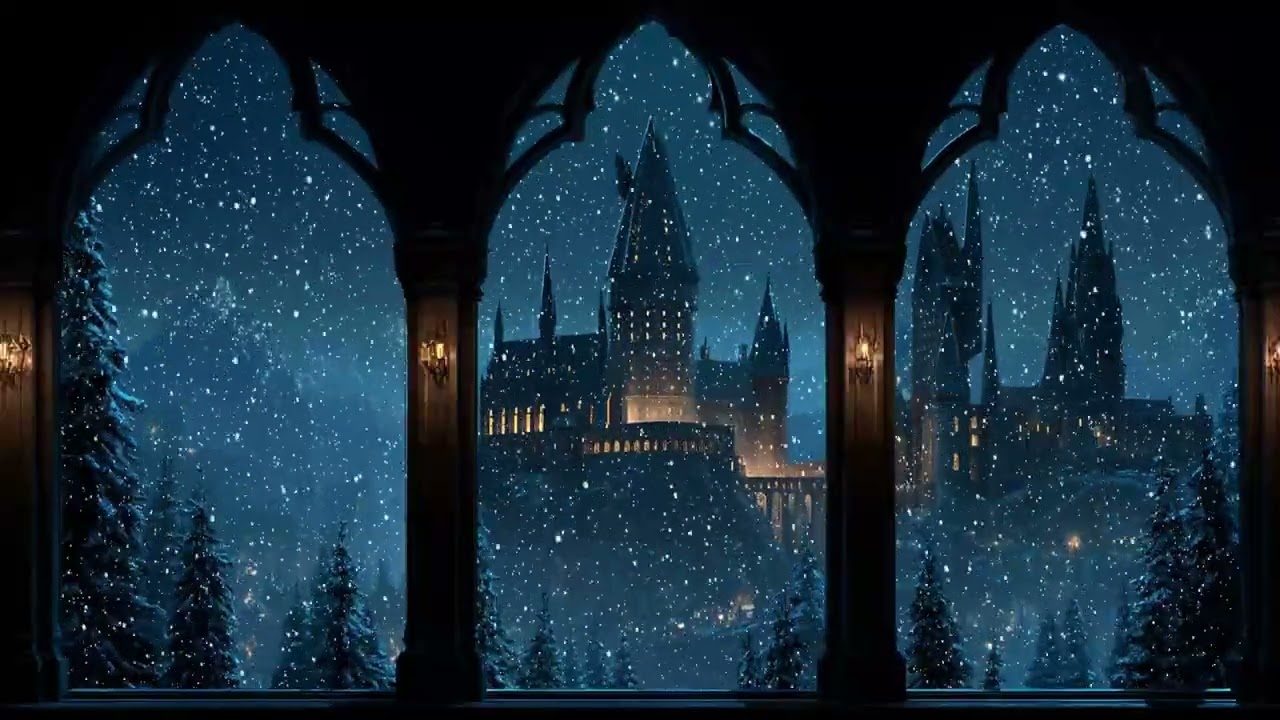 4K Magical Castle Winter Window ❄️ Snowfall Under the Moon & Calm Night Ambience