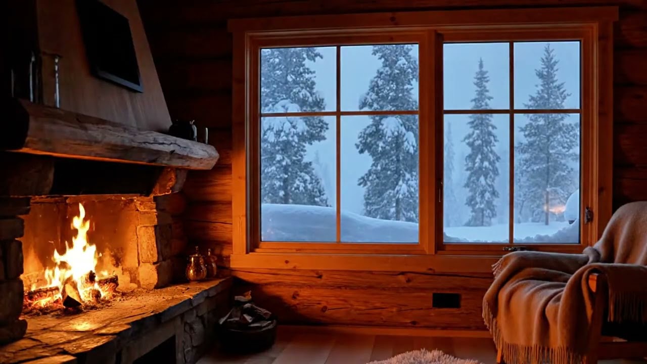Heavy Snowstorm Outside a Cozy Cabin Window | Fireplace Winter Ambience (3 Hours)