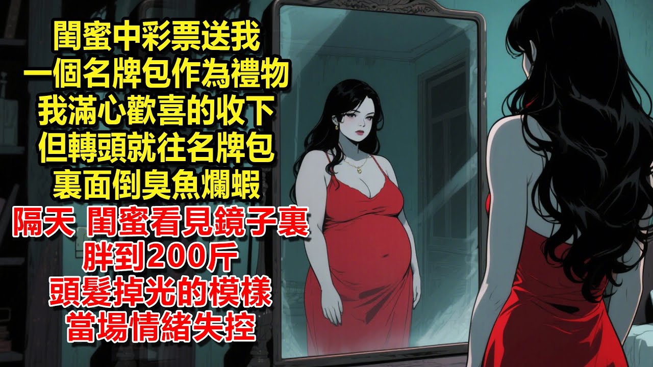 閨蜜中彩票送我一個名牌包作為禮物，我滿心歡喜的收下，但轉頭就往名牌包裏面倒臭魚爛蝦，隔天，閨蜜看見鏡子裏胖到200斤頭髮掉光的模樣，當場情緒失控