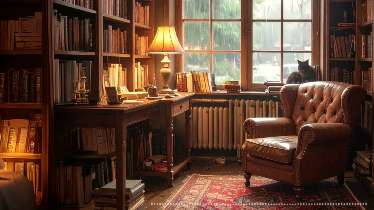 Relaxing Rainy Jazz Music 📖 for Reading, Focus, Sleep [Dark Academia Ambience] with Cat