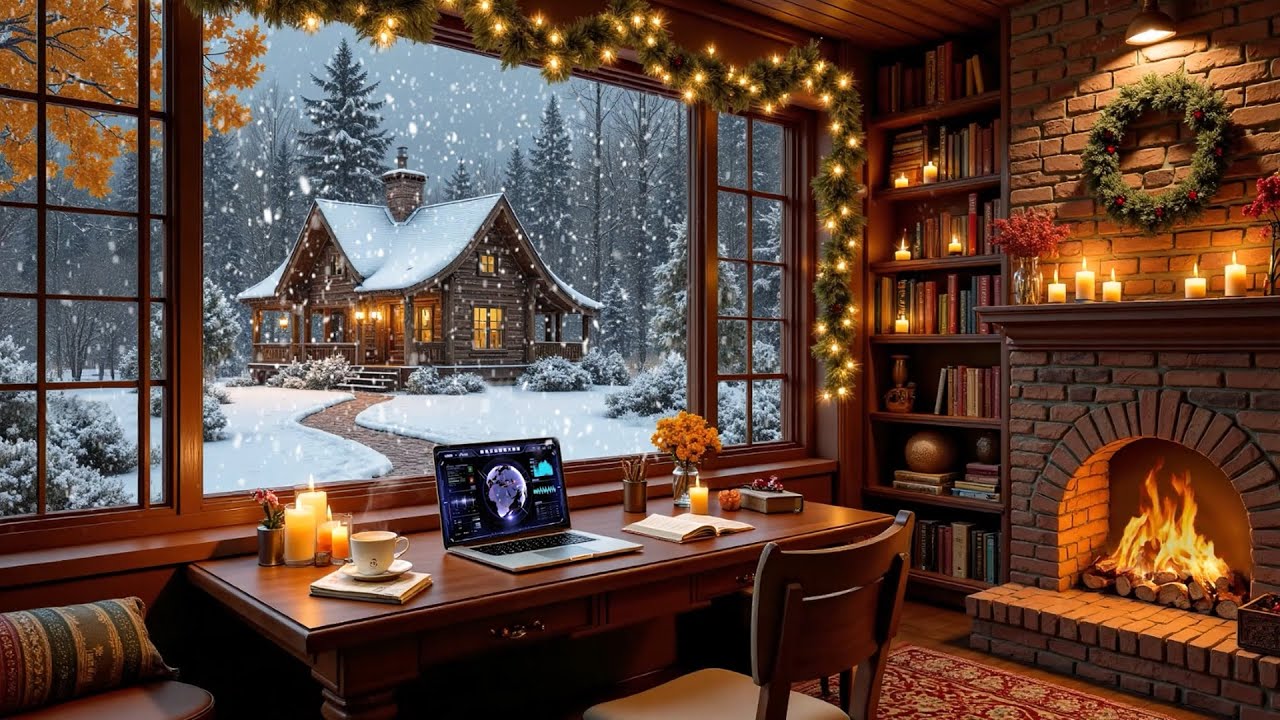 January Winter Relaxing Piano | Snowy Cabin Ambience & Crackling Fireplace for Work and Study