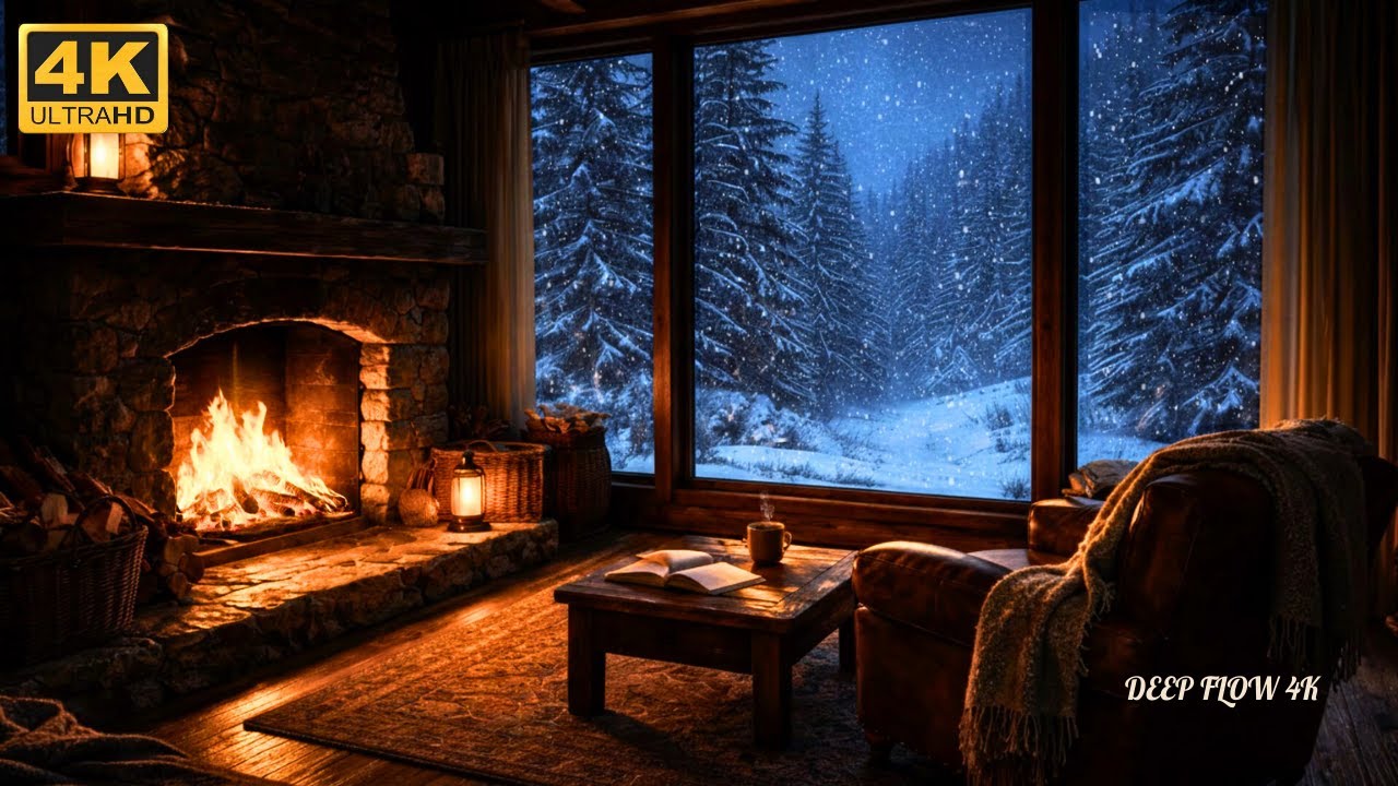 🔥 Cozy Cabin Fireplace ❄️ Snowy Night | Deep Sleep, Relax & Calm Ambience (4K)