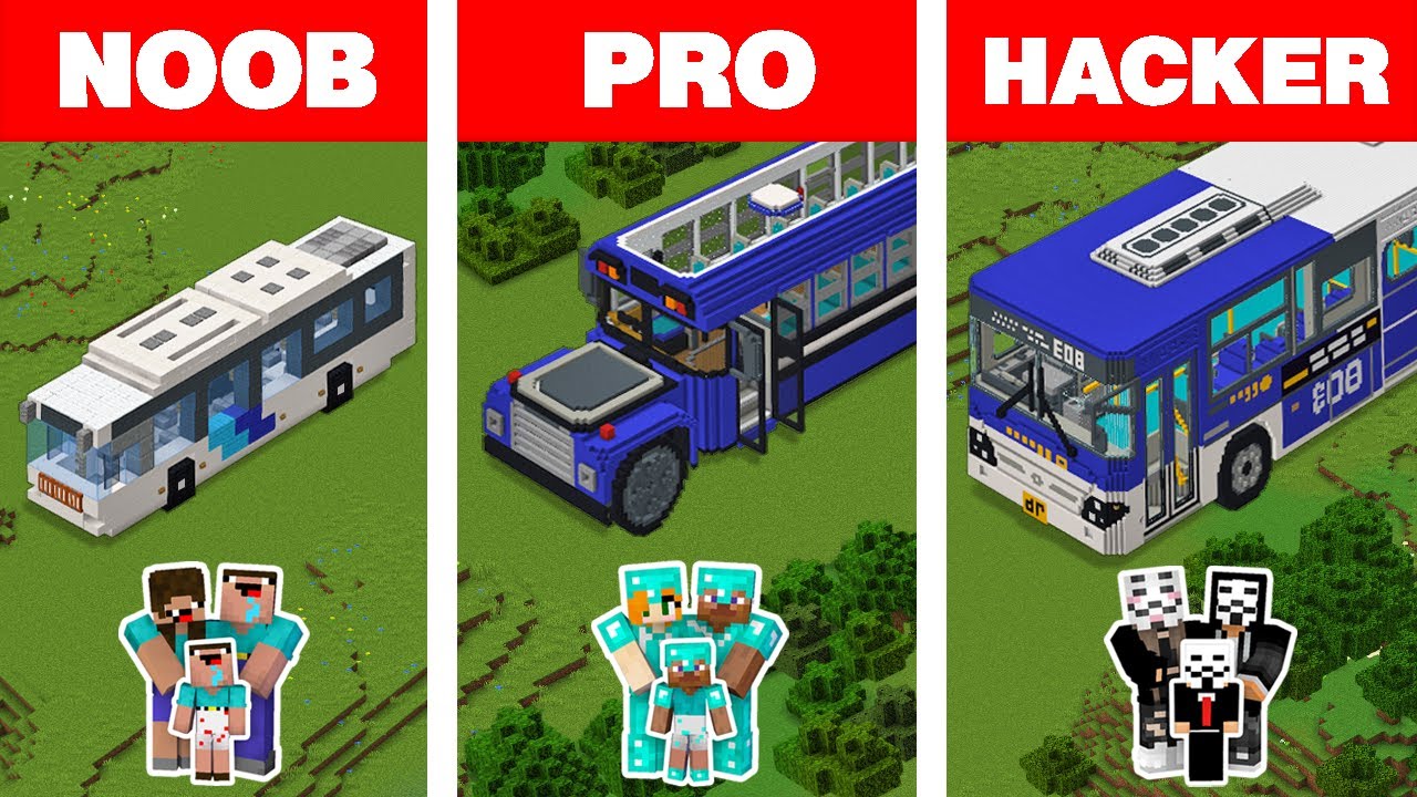 Minecraft NOOB vs PRO vs HACKER: FAMILY BUS HOUSE BUILD CHALLENGE / Animation
