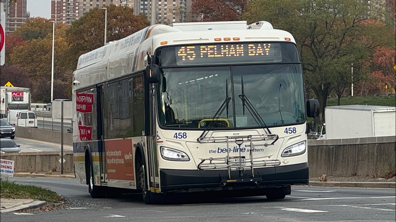 2022 Bee line Bus XDE40 Route 45 #458 from Pelham Bay Park to Nee Rochelle Railroad Station.