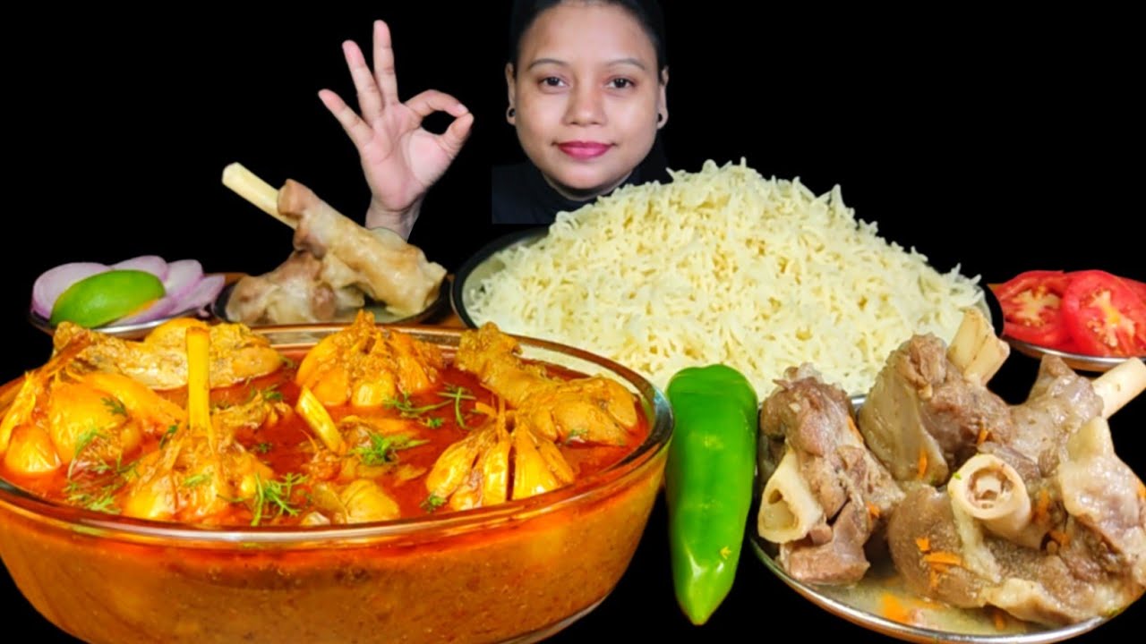 ASMR EATING CHICKEN & GARLIC MASALA CURRY WITH BASMATI RICE | PESHAWARI MUTTON & CHILLI MUKBANG