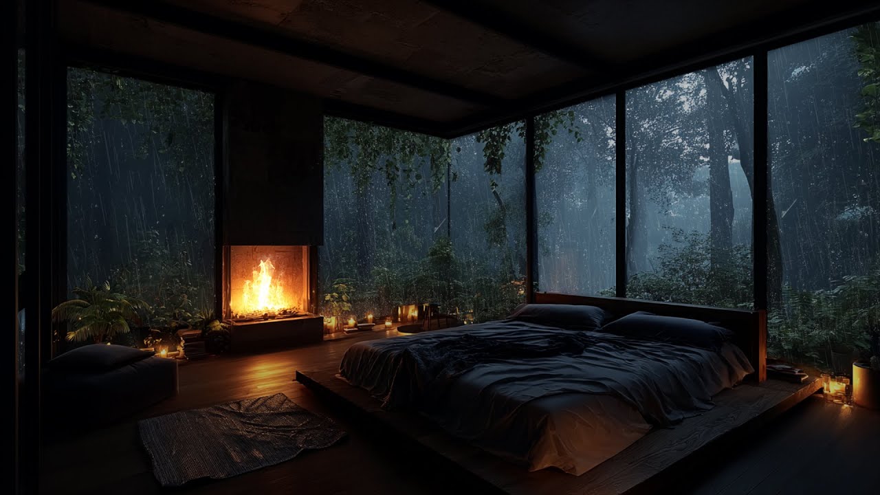 Deep Healing Sleep 🌧️ Rain and Fireplace Sounds in a Warm, Cozy Night Bedroom