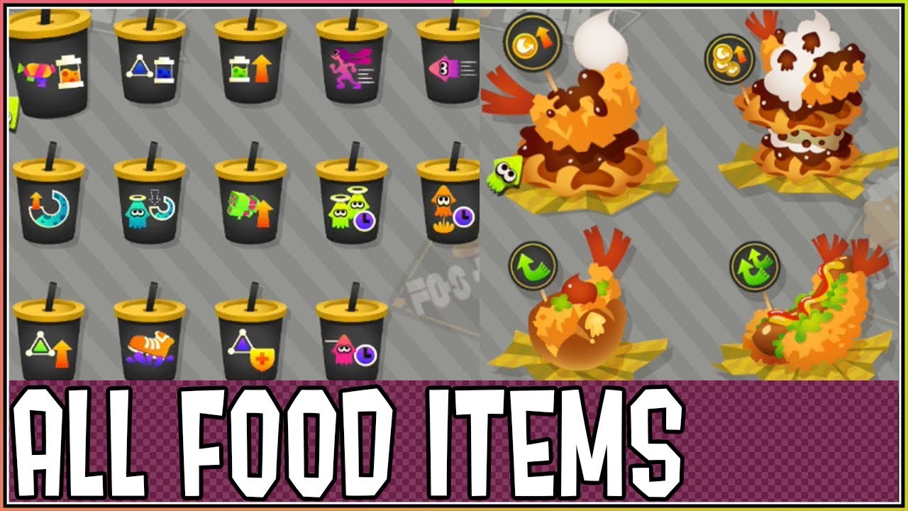 ALL CRUSTY SEAN FOOD ABILITIES FOOD AND DRINKS GUIDE! FOOD LIST Splatoon 2   - DarkLightBros