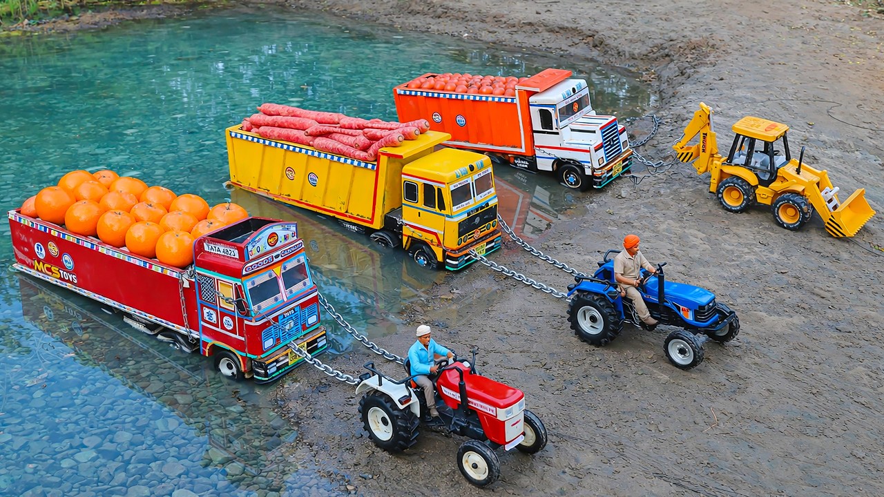 Fruit Loaded TATA trucks Ashok Leyland Accident in River JCB 3dx Swraj 855 fe Tractor Heavy Rescue