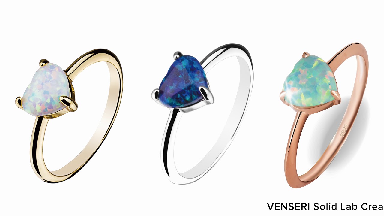 VENSERI Solid Lab Created Opal Rings Heart Shaped S925 Sterling Silver Ring Size 5 to 9.