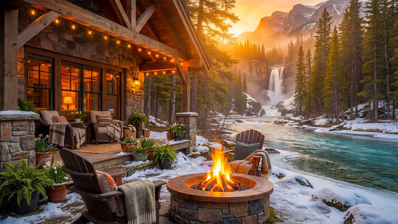 Soothing Winter Riverside Cabin Porch Ambience 🌲🔥 Fire Pit, Waterfall & Flowing River Sounds