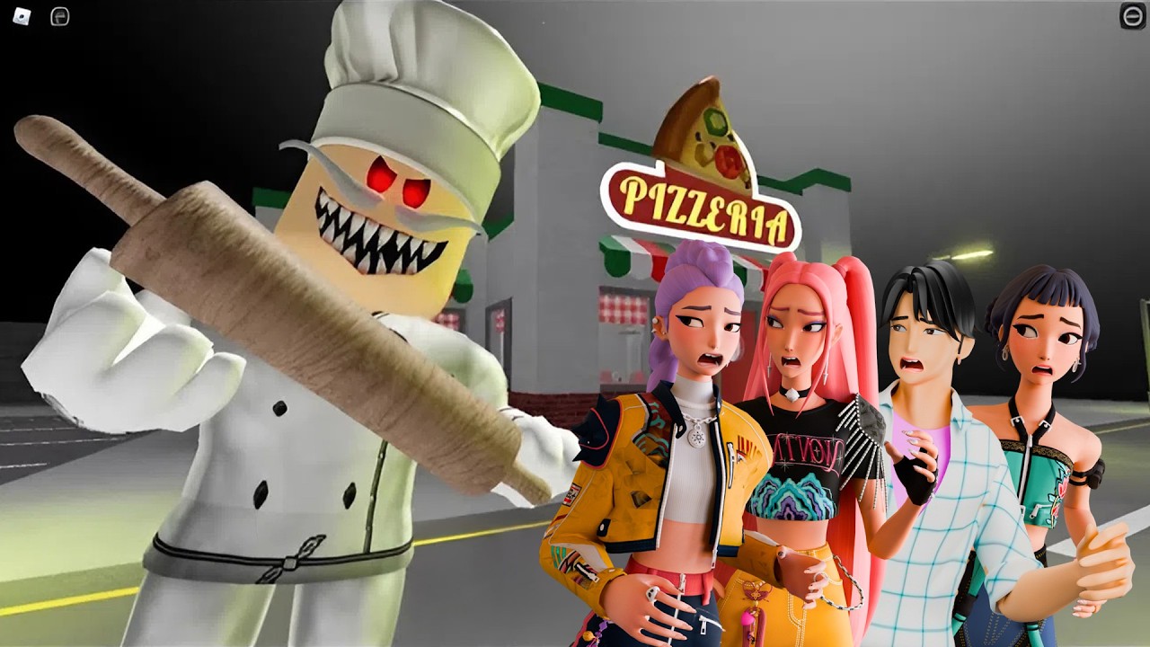 Kpop Demon Hunters Rumi, Zoey, Mira, Jinu Plays Escape Papa Pizza's Pizzeria in Roblox