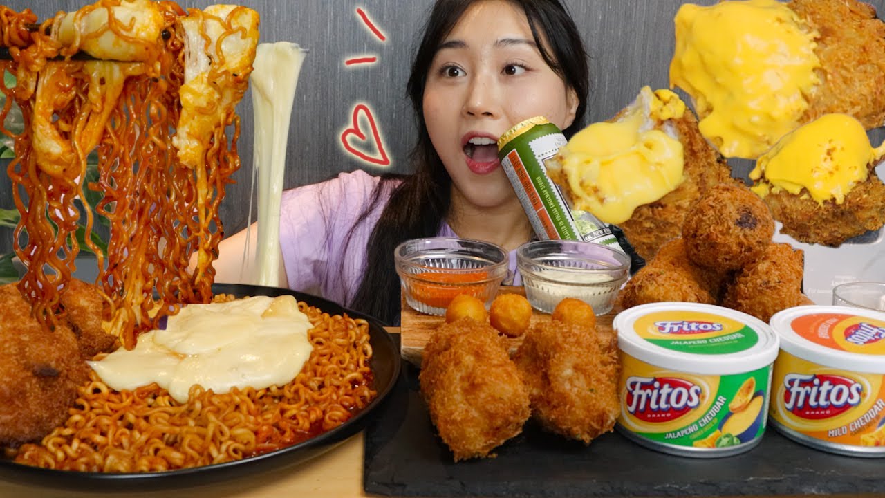 MUKBANG) 치즈불닭+응떡 치즈+치즈돈까스 치즈 소스 듬뿍 찍어먹기!🧀🧡 치즈특집 먹방 Cheesy Cheese cutlet with noodles asmr eating