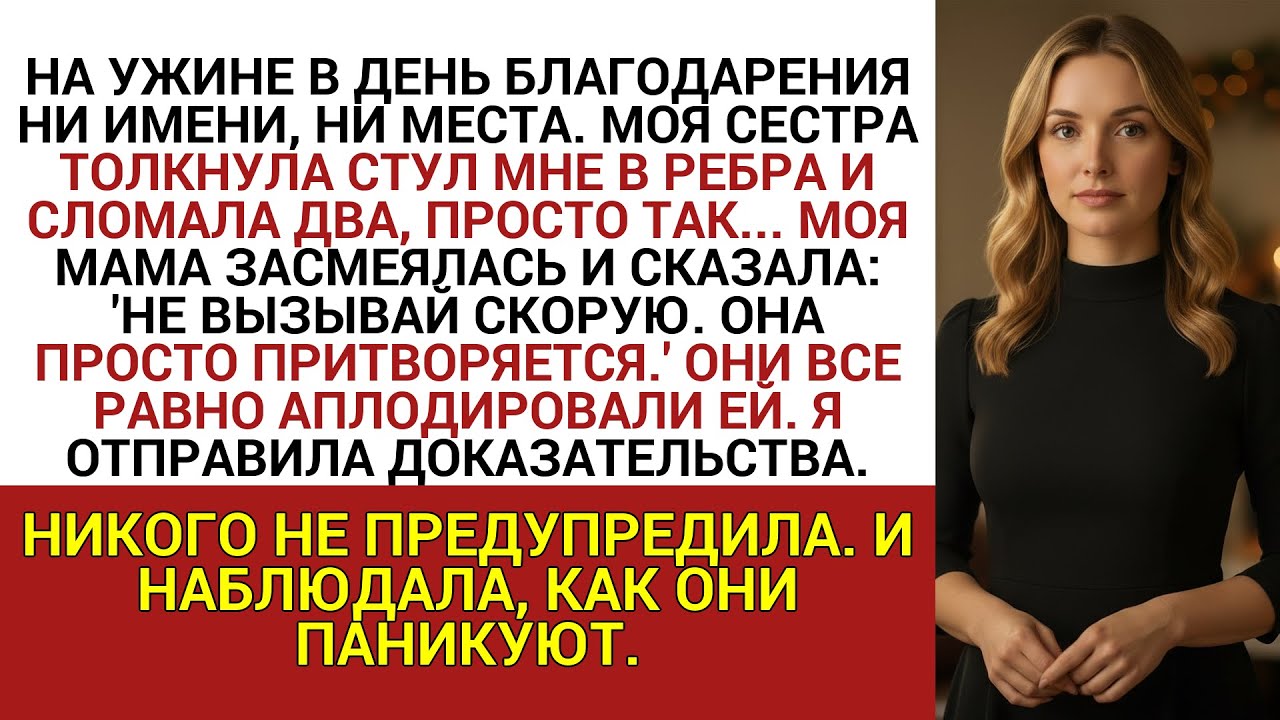 НА УЖИНЕ В ДЕНЬ БЛАГОДАРЕНИЯ НИ ИМЕНИ, НИ МЕСТА. МОЯ СЕСТРА ТОЛКНУЛА СТУЛ МНЕ В РЕБРА И СЛОМАЛА ДВА.