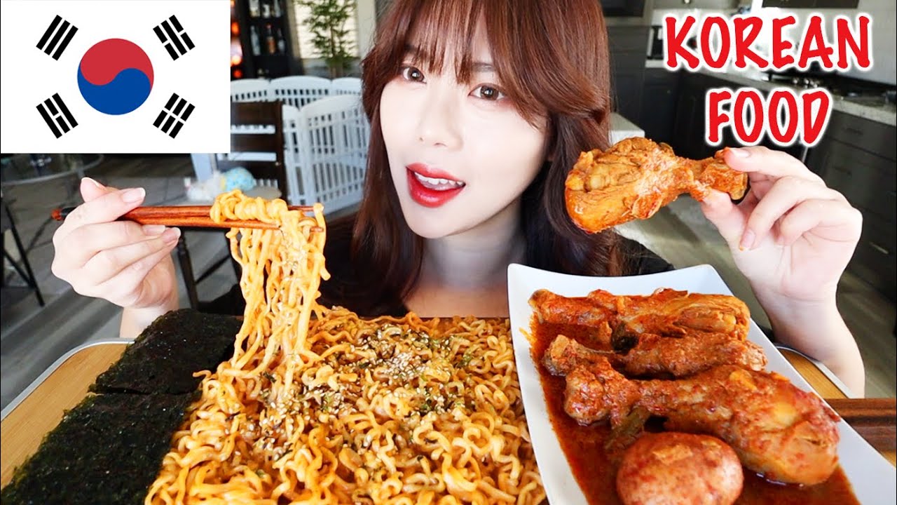 KOREAN FOOD MUKBANG 먹방 SPICY CHICKEN STEW (DAKDORITANG), CHEESY FIRE NOODLES & SEAWEED