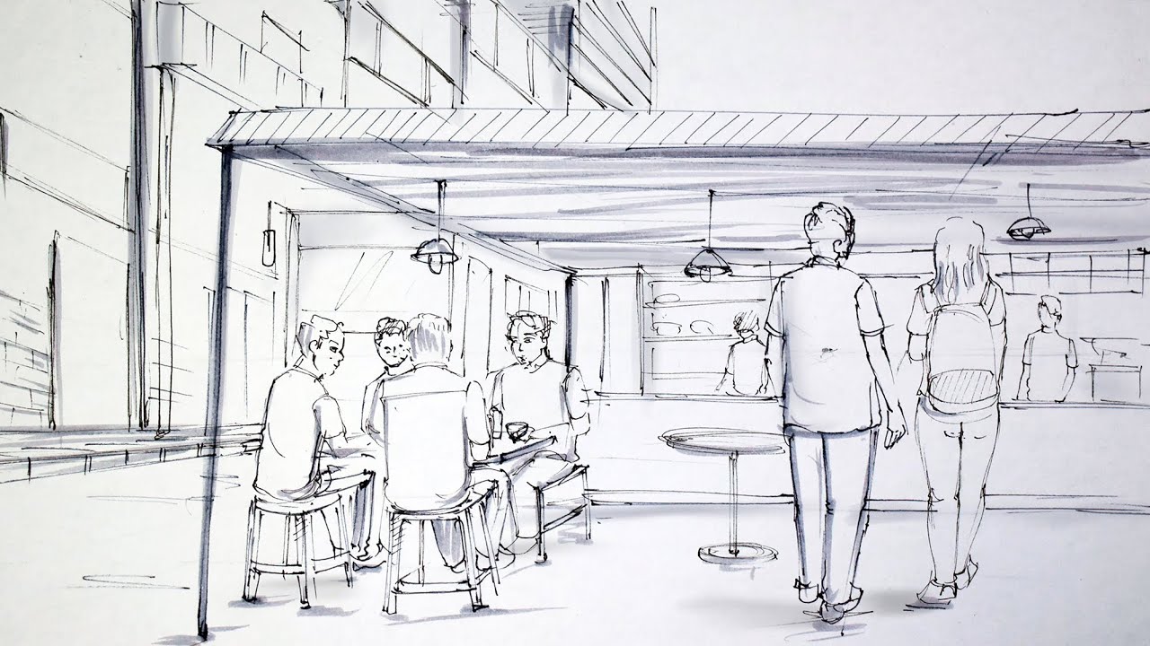 Rode side food stall composition in 1 point perspective