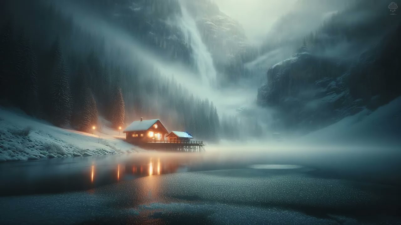 Winter Rain by a Mountain Cabin ❄️🌧️ | 6 Hours of Icy Lake Calm & Deep Valley Ambience