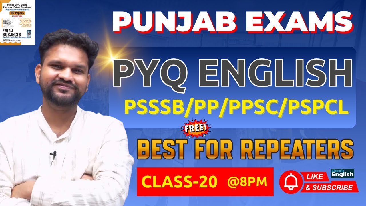 PYQ English -20 | PSSSB/PP/PSPCL/PPSC Previous Year Questions | Electric English PYQ Book Solutions