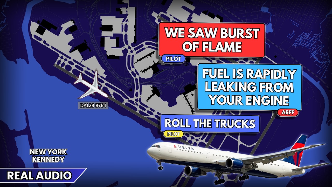 Fuel LEAK and Fire from the engine. Delta Boeing 767 rejects takeoff at JFK. Real ATC