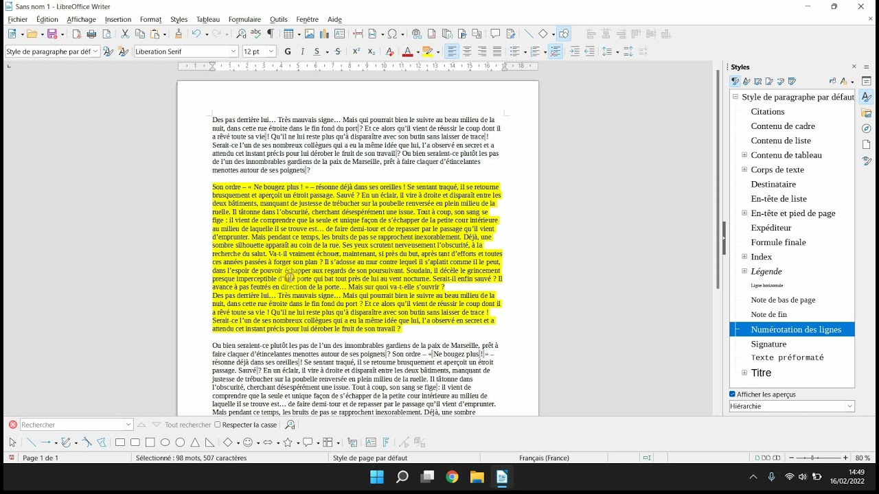 Numérotation de certaines lignes d'un document libreoffice