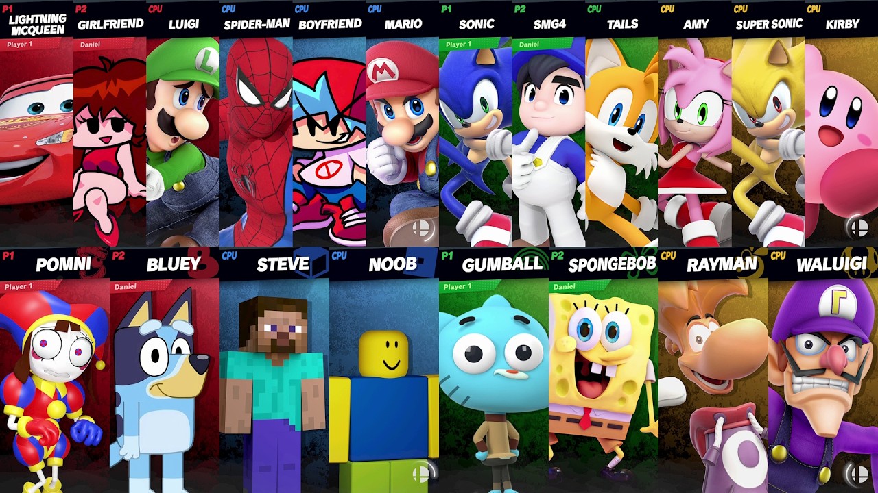 NEW Sonic vs Mario vs Roblox vs Minecraft vs Car vs Spider-Man vs Bluey vs Steve in Super Smash Bros