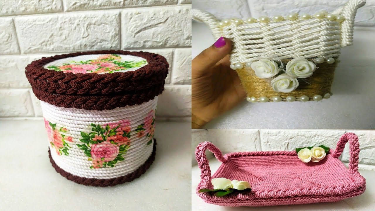 3 افكار بخيط المكرميه/افكار بحبل المكرميه/اعاده تدوير خيط المكرميه/Diy rope basket