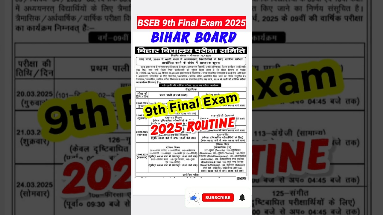 Bihar board 9th final exam 2025 routine | bseb class 9th final exam 2025 kab se hoga #shorts #bseb
