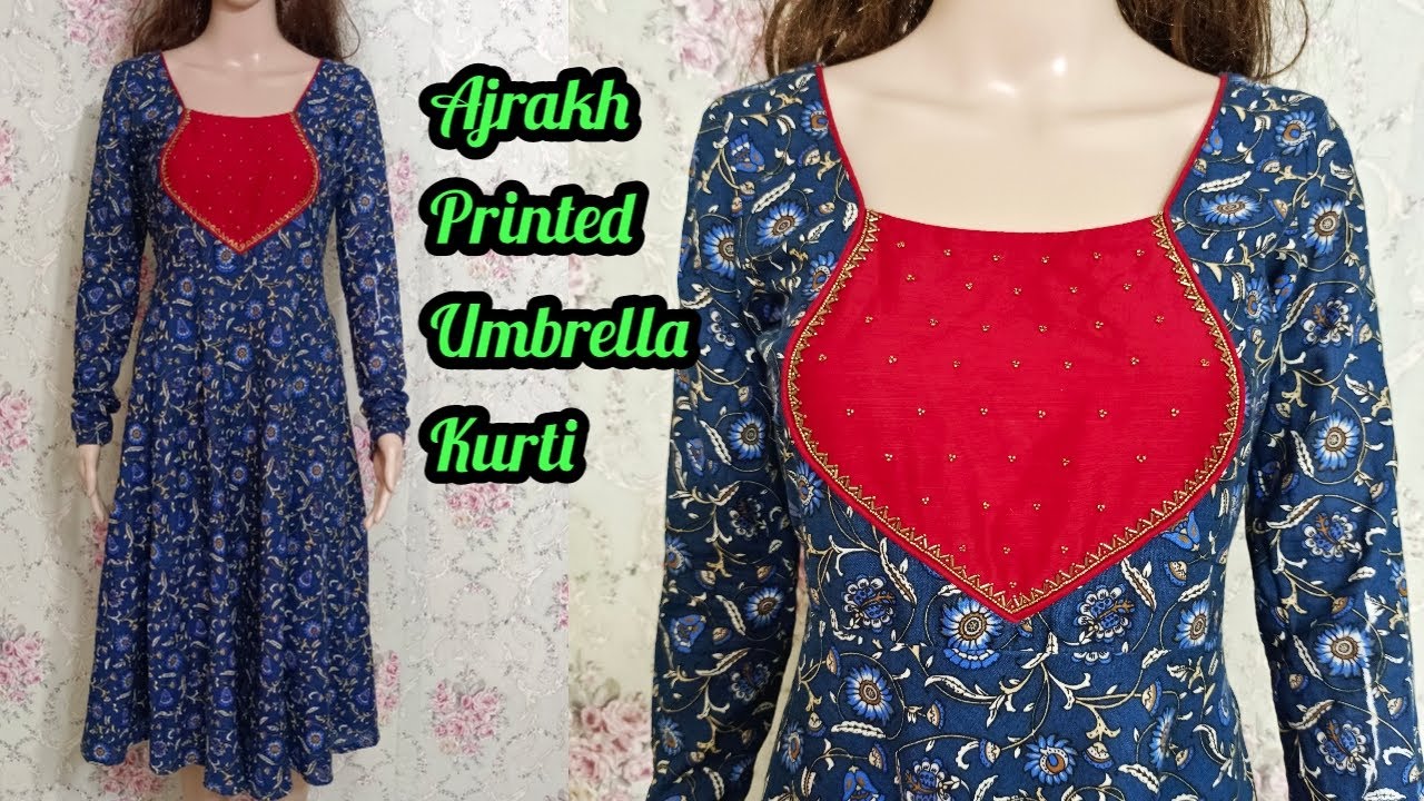 Ajrakh Printed Umbrella kurti cutting and stiching/Umbrella kurti in Malayalam/Ajrakh Kurti