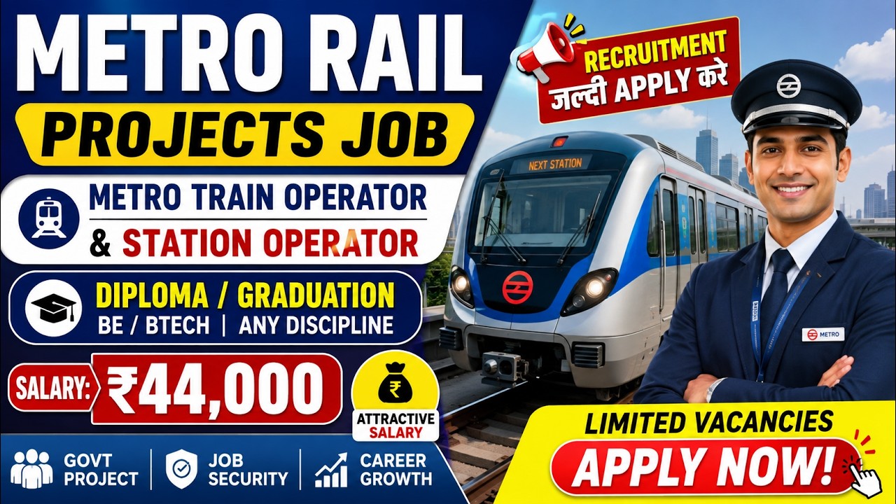 Metro Rail Projects Recruitment 2026 | Metro Train Operator | Diploma/Graduation/BE/BTech | Jobs