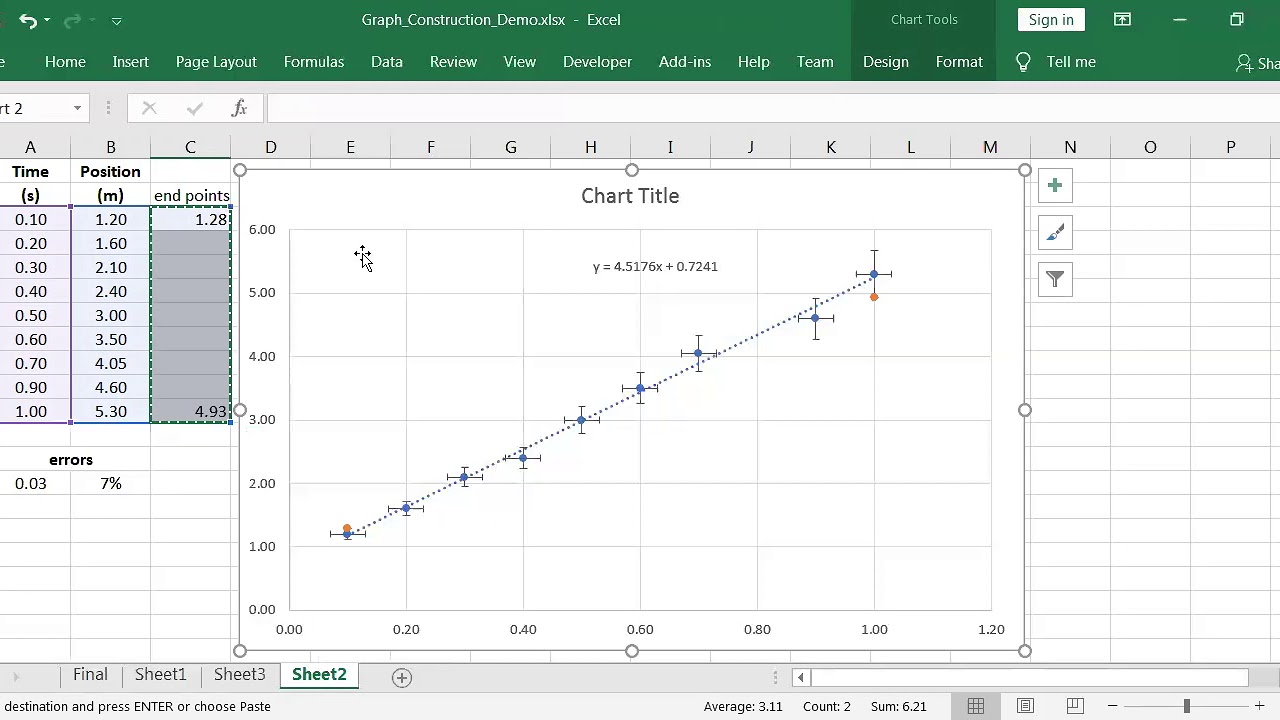 Mechanics: Excel Graph - Adding Error Bars and Determining the Error Line