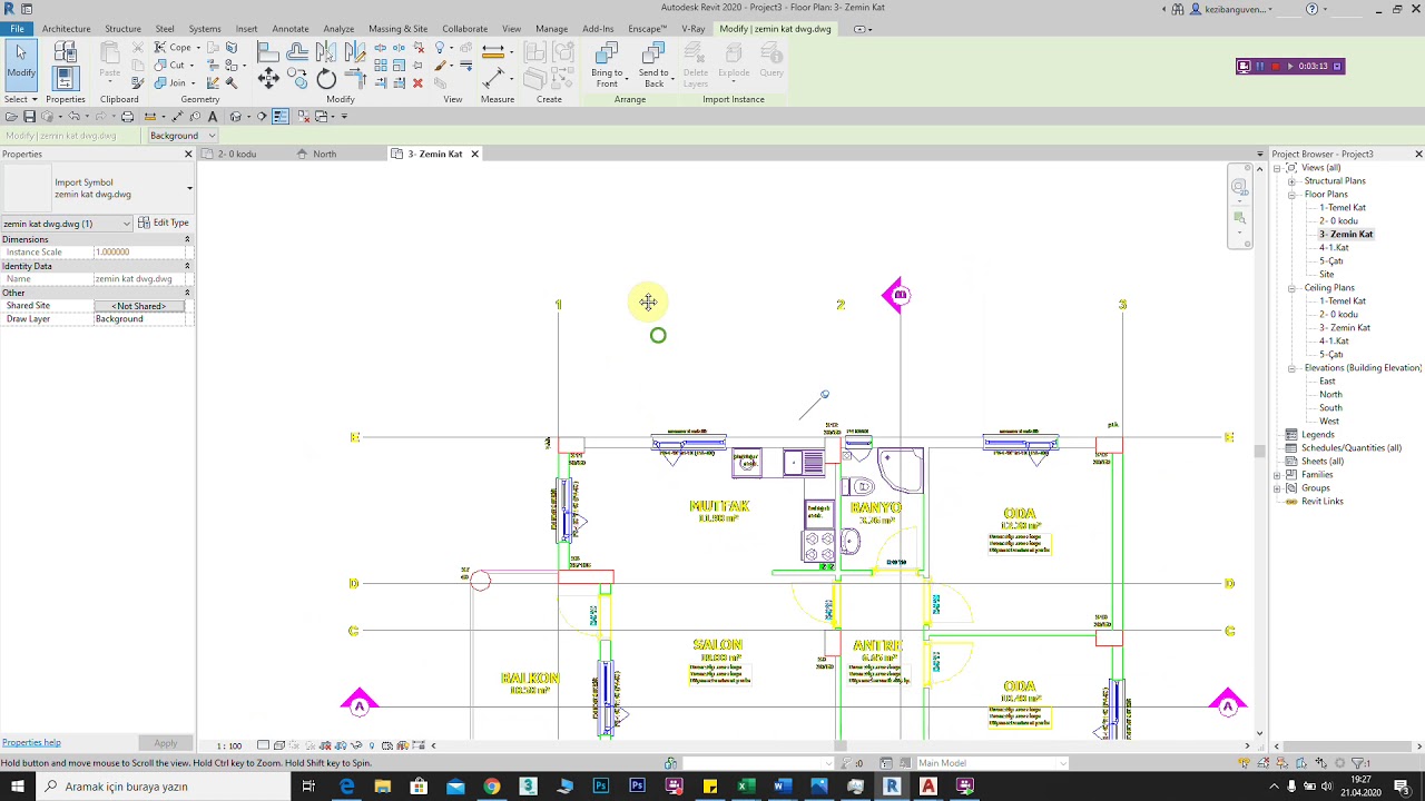 18- Örnek Proje Autocad Miimari Projeyi Revite Atma  (layer açma kapama ) İşlemi Ders2