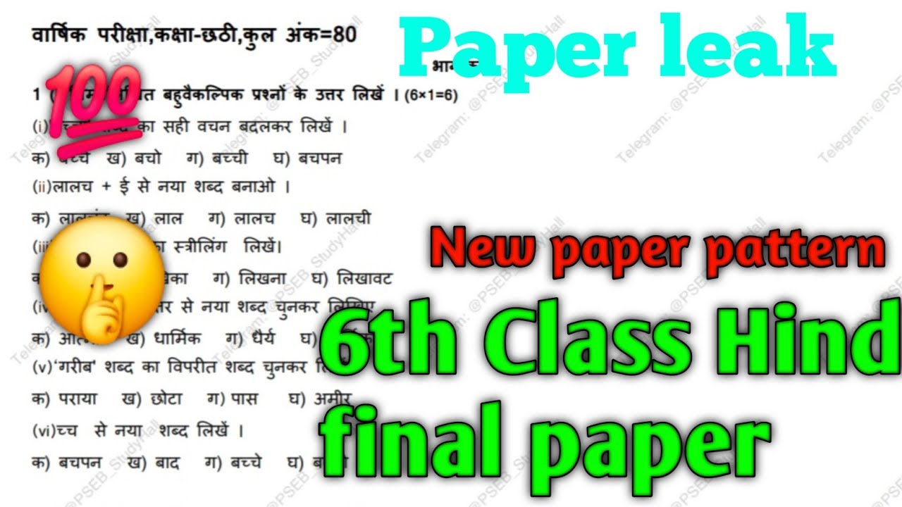 Pseb 6th Class Hindi final paper | 6th Class Hindi final paper 2026 | Real paper |