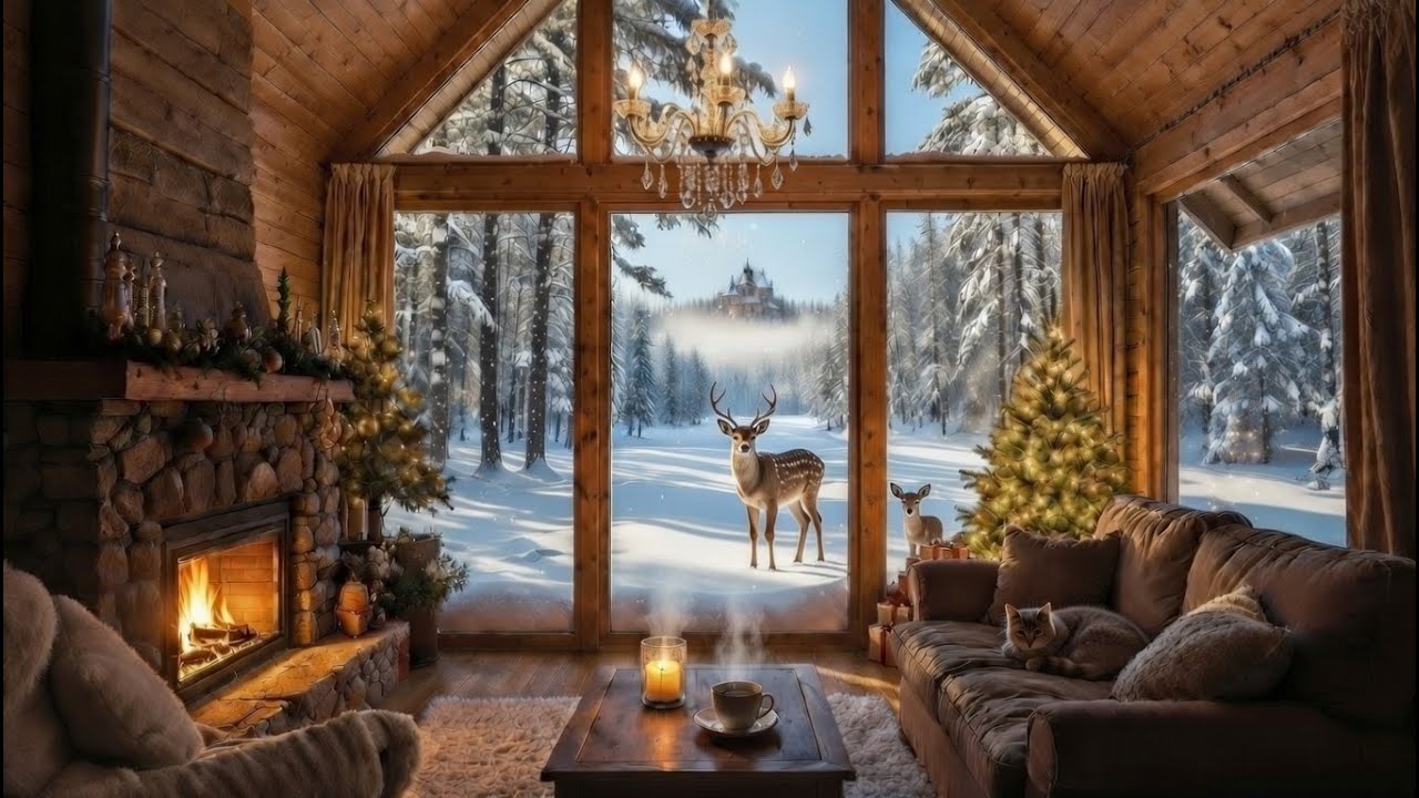 Peaceful Winter Cabin in the Woods ❄️ Fireplace,  Coffee & Gentle Piano for Relax & Sleep Emotional