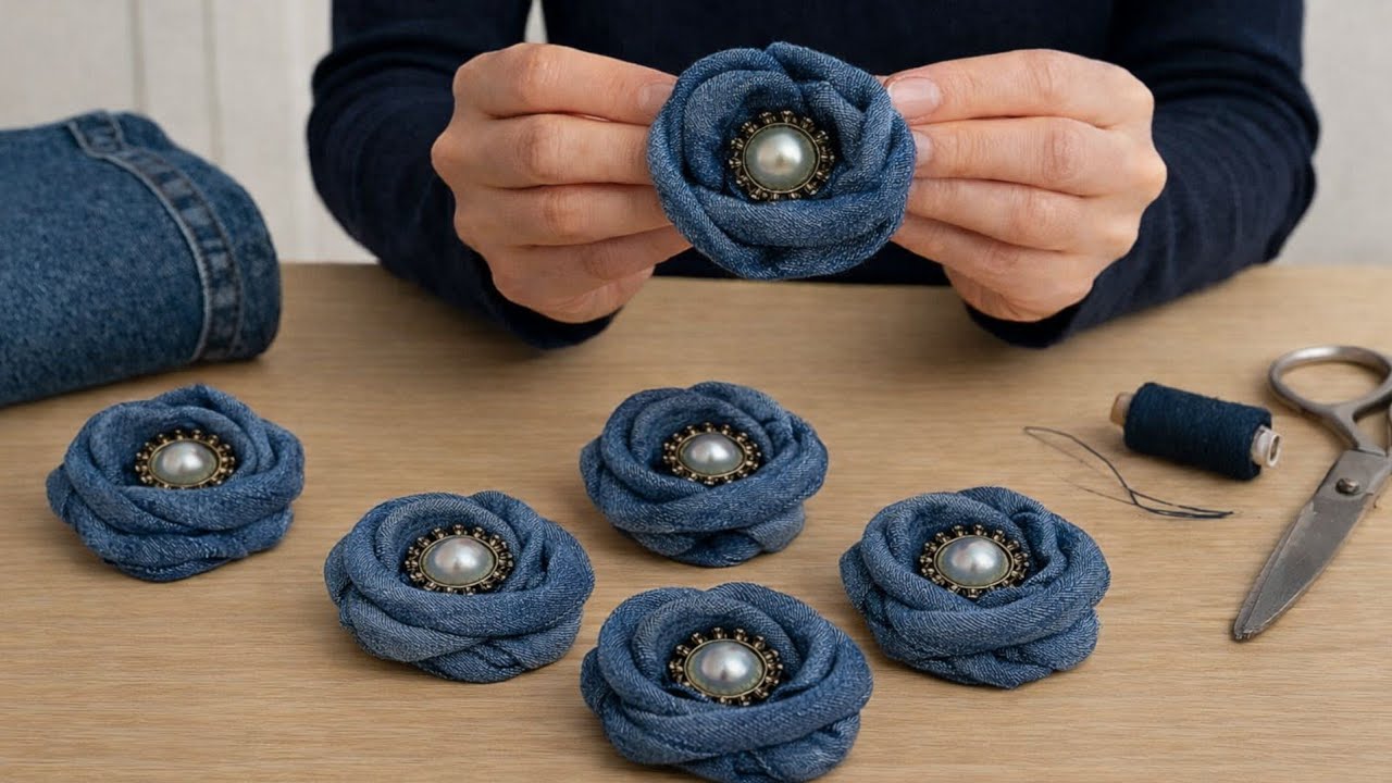 Turn old jeans into beautiful flowers and accessories. Sewing step by step.