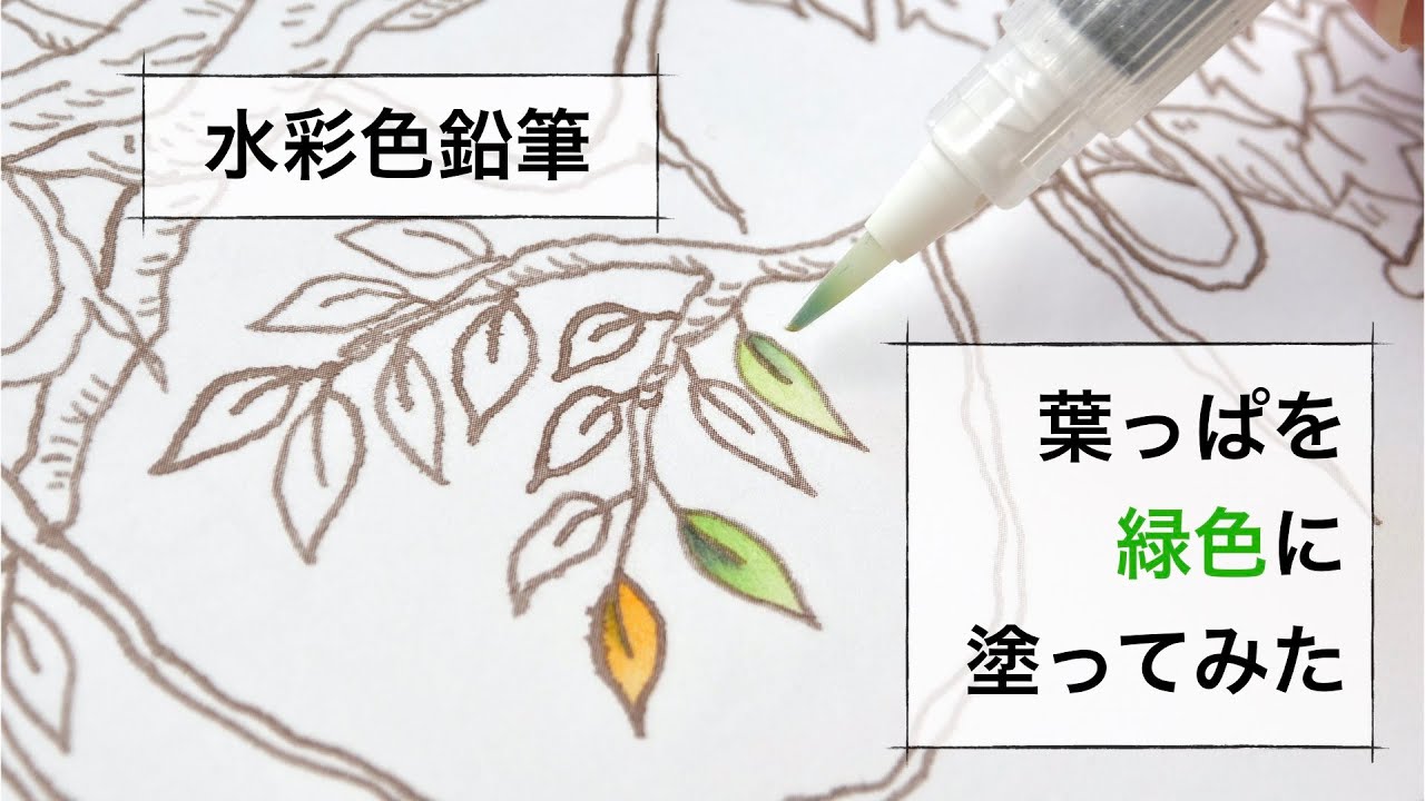 水彩色鉛筆３色で葉っぱを緑色に塗ってみた（ハロウィン風塗り絵）