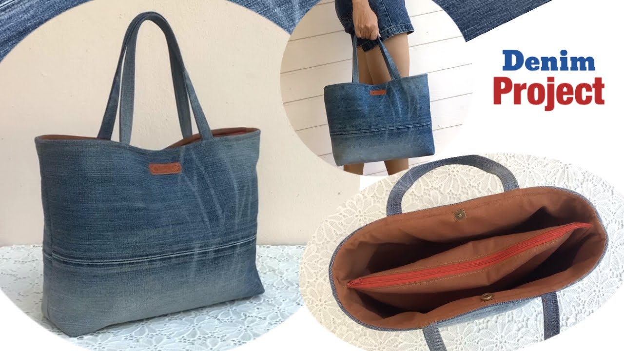 diy a denim tote bag with zipper and 3 compartments tutorial, sewing diy tote bag with compartments