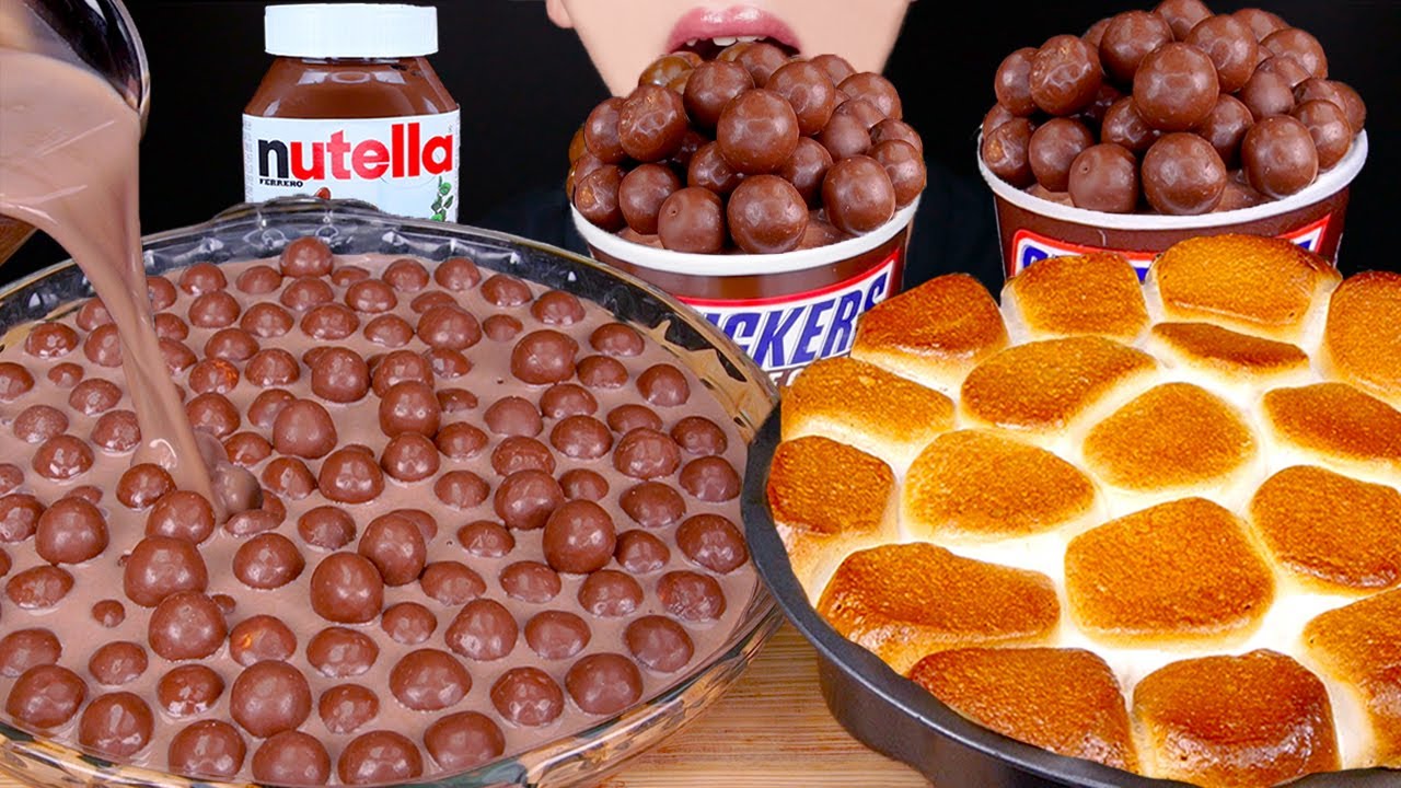 ASMR MALTESERS MAGNUM CHOCOLATE MILK ICE CREAM S'MORES DIP DESSERT NUTELLA MUKBANG 먹방 EATING SOUNDS