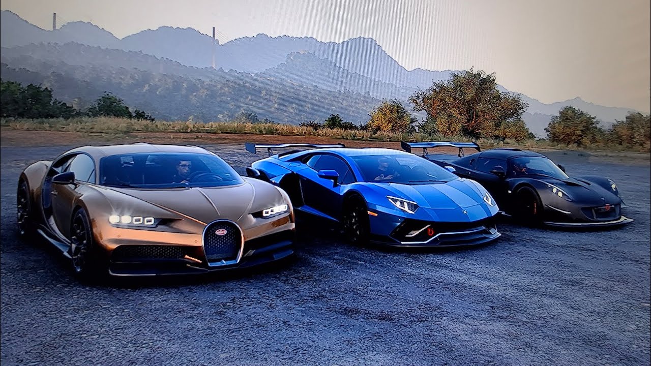 Forza Horizon 5 drag race Bugatti Chiron Vs Lamborghini Aventador ultimae Vs Hennessey Venom GT 