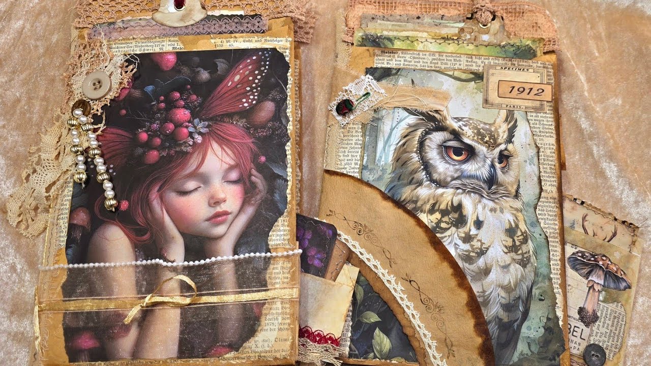Journal aus A5 Briefumschlägen - Cover mit Pockets - Elfen und Eule  - Idee für Junk Journal